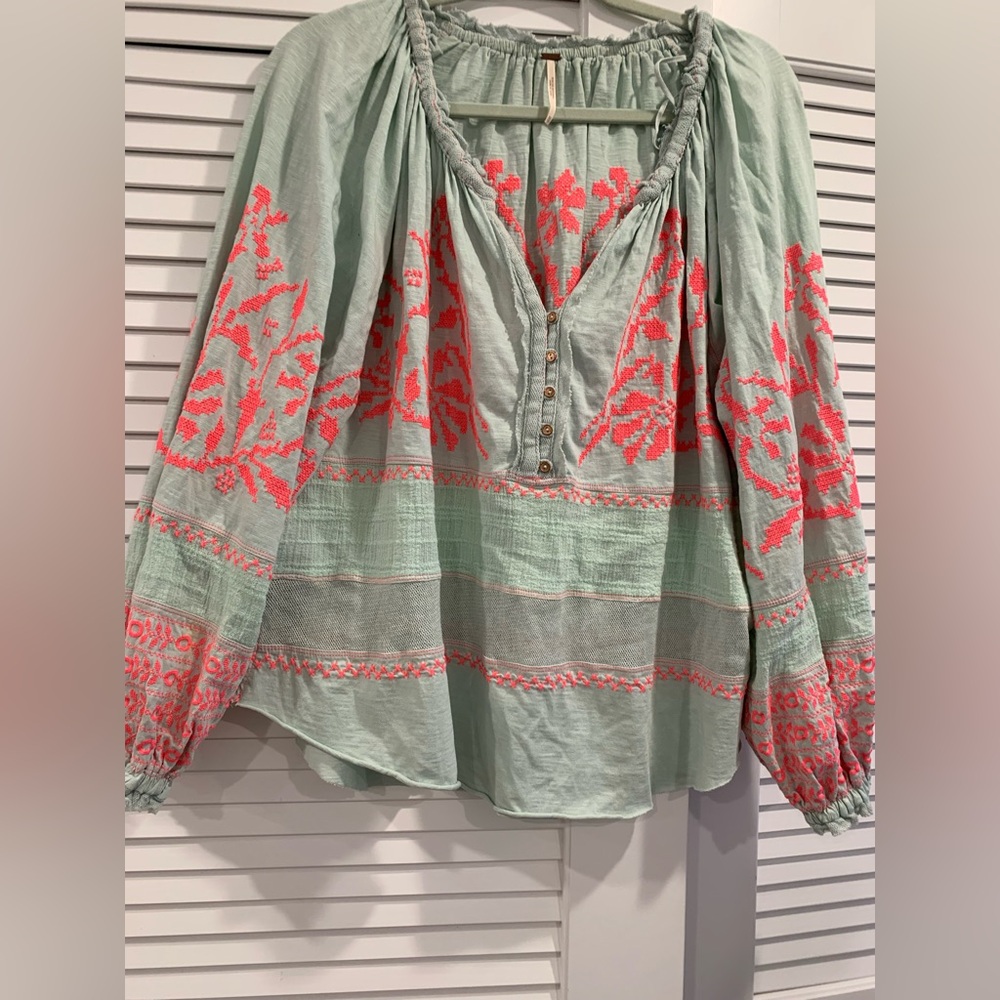 Pristine Free People Persuasion top heavy embroidery oversized sleeve cotton XS - Picture 3 of 8
